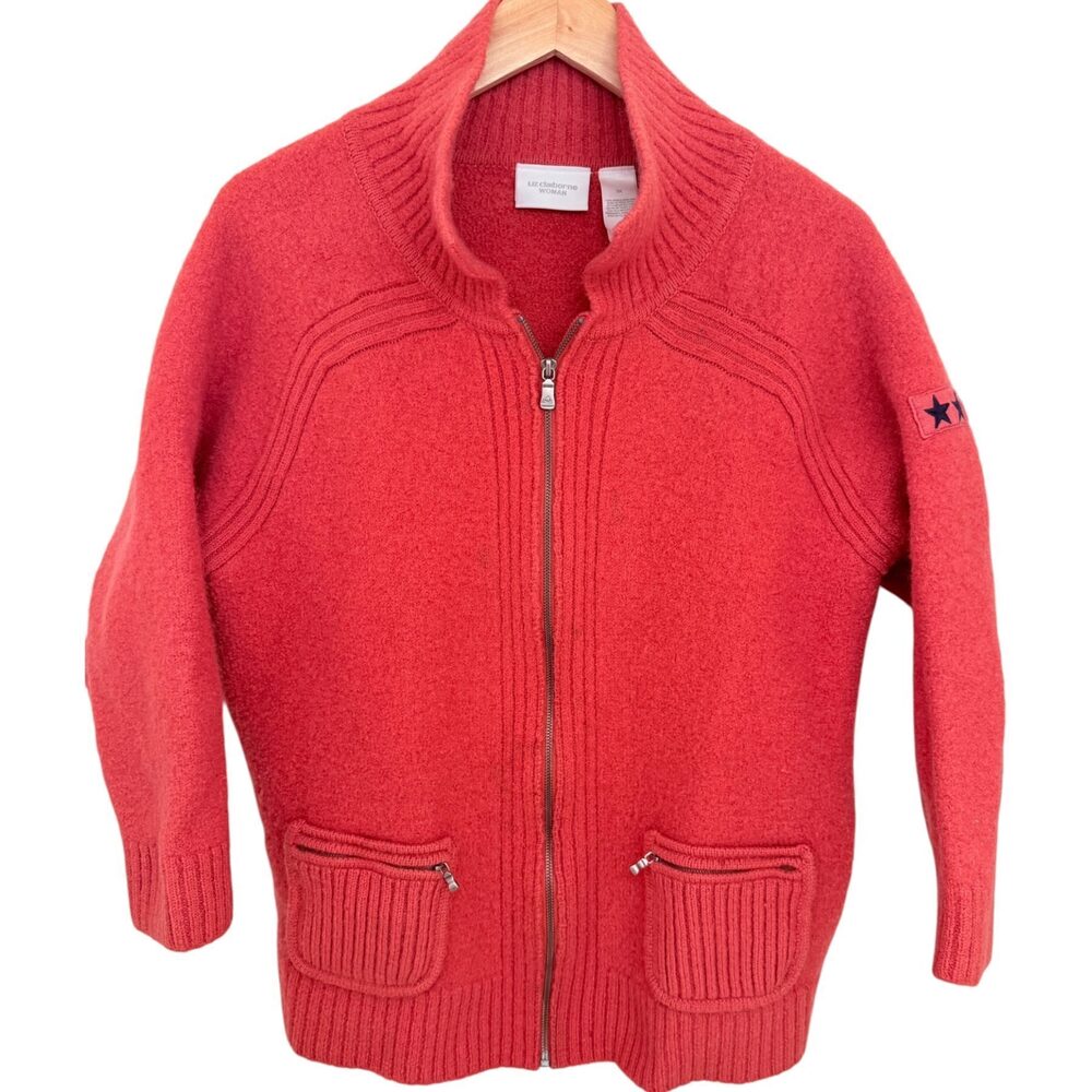 Liz Claiborne Sweater Women's 3XL Red Navy Full Zip Cardigan Star Coral